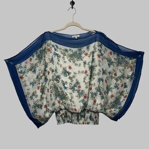 Max Studio Cream Floral Batwing Top with Blue Trim